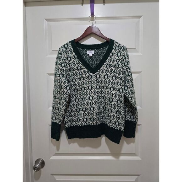 Croft & Barrow Jacquard Sweater Green Christmas Grandpa Core V Neck Size M - Picture 2 of 8